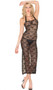 Floral lace gown with halter neck satin ribbon tie, lace up back detailing, and back slit. G-string included. Two piece set.