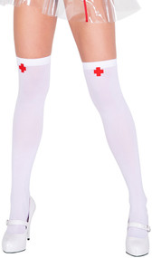 Over the knee high stockings with red cross decal. Garters not included. 