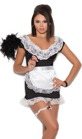 French Maid costume includes short sleeve mini dress with underwire cups and lace trim, matching panty with back side lace ruffle, apron, and leg garter. Four piece set.