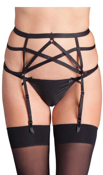 Strappy garter belt with o ring detail, adjustable garters, back hook and eye closure, and adjustable back.