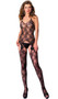 Halter neck suspender bodystocking with floral lace design, satin bow detail, and low cut back.