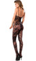 Floral lace bodystocking with spaghetti straps, keyhole front, and satin bow detail.