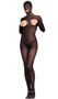 Long sleeve cupless and crotchless hooded bodystocking with open back and mouth.