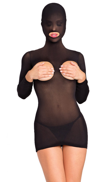 Long sleeve cupless hooded mini dress.