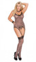 Leopard print camisette with attached garters and lace trim, g-string and matching stockings.