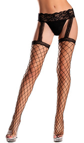 Lace garter belt with attached fence net thigh high stockings with lace top.