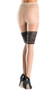 Tights with faux lace top thigh highs and printed bow detail and back seam.