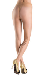 Sparkle explosion pantyhose with iridescent dots on back of the right leg.