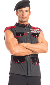 Outstanding Officer costume includes sleeveless uniform dress shirt with faux button detail, velvet mock collar, hidden zipper front and detachable fringe epaulettes with shoulder cord. Ribbon bars pin also included. Two piece set.