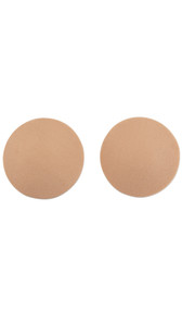 Self adhesive silicone circle shaped nipple covers with soft fabric front.