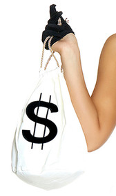 All About the Money Handbag is a woven bag with dollar sign applique and drawstring rope closure.