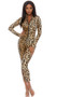Leopard print long sleeve catsuit with mock neck and zipper front closure.