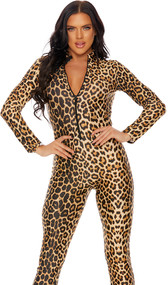 Leopard print long sleeve catsuit with mock neck and zipper front closure.