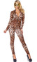 Leopard print long sleeve catsuit with mock neck and zipper front closure.