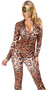 Leopard print long sleeve catsuit with mock neck and zipper front closure.