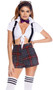 Bad Apple school girl costume includes tie front short sleeve crop top with collar, plaid high waisted shorts, suspenders, bow tie and glasses. Five piece set.