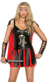 Sultry Spartan warrior costume includes mini dress with attached cape, adjustable straps and back zipper closure. Lace up arm guards also included. Two piece set.