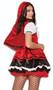 Storybook Red costume includes dress with lace up detail, ruffle trim and red velvet overlay, and velvet cape with hood.