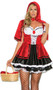 Storybook Red costume includes dress with lace up detail, ruffle trim and red velvet overlay, and velvet cape with hood.