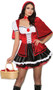 Storybook Red costume includes short sleeve mini dress with lace up detail, rose shaped applique, ruffle trim, red velvet overlay, black satin skirt and hidden back zipper closure. Velvet cape with hood and rose flower over hook closure also included. Two piece set.