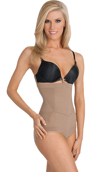 High waist panty shaper provides a visibly smoother and slimmer torso. Seamless, snap closure on crotch for convenience. Topless for use with your own bra.