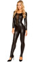 Long sleeve wet look catsuit featuring deep V neck front with grommet trim and lace up detail.