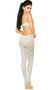 Lace footless bodystocking with spaghetti straps, satin bow detail and open crotch.