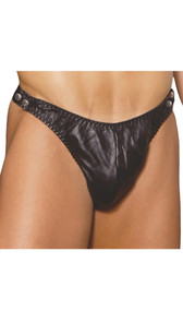 Leather thong with adjustable side snap closure. Lycra back for a snug fit.