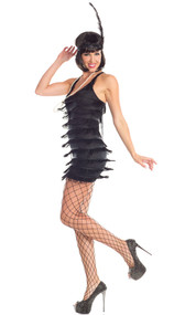 Flirtatious Flapper costume includes sleeveless fringe dress, faux pearl necklace and sequin feather headband. Three piece set.