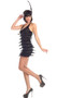 Flirtatious Flapper costume includes sleeveless fringe dress, faux pearl necklace and sequin feather headband. Three piece set.
