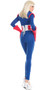 Captivating Captain costume includes long sleeve stretch jumpsuit with zipper front, waistband with lace up back, and gloves. Three piece set.