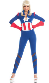 Captivating Captain costume includes long sleeve stretch jumpsuit with zipper front, waistband with lace up back, and gloves. Three piece set.