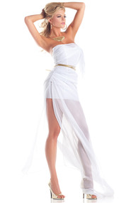 Lovely Aphrodite costume includes strapless wrap dress with ruching, and gold rope belt. Two piece set.