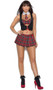 Teacher's Pet costume includes pullover vest with lace up detail and attached bra top with lace trim, plaid skirt with lace up detail and hidden zipper closure, and collar with attached neck tie with hook and loop closure. Three piece set.