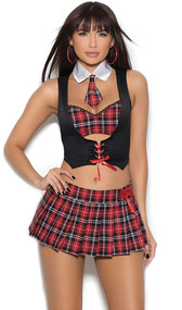 Teacher's Pet costume includes vest with lace up detail and attached bra top, pleated plaid skirt with lace up detail, and collar with attached tie. Three piece set.