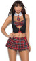 Teacher's Pet costume includes pullover vest with lace up detail and attached bra top with lace trim, plaid skirt with lace up detail and hidden zipper closure, and collar with attached neck tie with hook and loop closure. Three piece set.