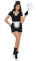 Flirty Maid costume includes short sleeve mini dress with V neckline, lace trim and satin bow. Also includes matching head piece, apron, and gloves. Four piece set.
