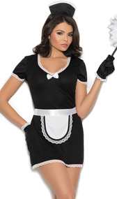 Flirty Maid costume includes short sleeve mini dress with V neckline, lace trim and satin bow. Also includes matching head piece, apron, and gloves. Four piece set.
