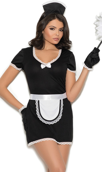 Flirty Maid costume includes short sleeve mini dress with V neckline, lace trim and satin bow. Also includes matching head piece, apron, and gloves. Four piece set.