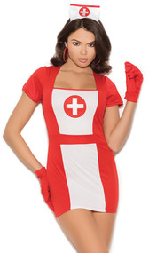 Naughty Nurse costume includes short sleeve mini dress, matching head piece, and gloves. Three piece set.