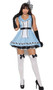 Storybook Alice costume includes sleeveless mini dress with checkered pattern detail and ruffle trim, apron, oversized bow head piece and elbow length gloves. Four piece set.