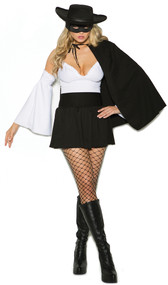 Daring Bandit costume includes sleeveless mini dress with ruffled V neckline, adjustable shoulder straps and back zipper closure. Matching arm sleeves, cape with tie closure, hat and mask also included. Five piece set.