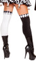 Thigh high jester stockings with diamond pattern top and open foot.