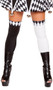 Thigh high jester stockings with diamond pattern top and open foot.
