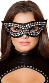 Wet look cat eye mask with rhinestone detail and elastic strap.