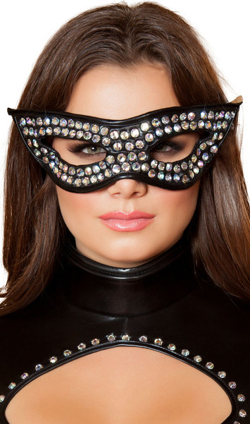 Wet look cat eye mask with rhinestone detail and elastic strap.