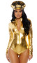 Metallic long sleeve bodysuit with mock neck and front zipper opening.