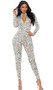 Long sleeve money print catsuit with mock neck and front zipper opening.