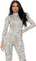 Long sleeve money print catsuit with mock neck and front zipper opening.