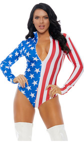 American flag print long sleeve bodysuit with mock neck and front zipper opening.
